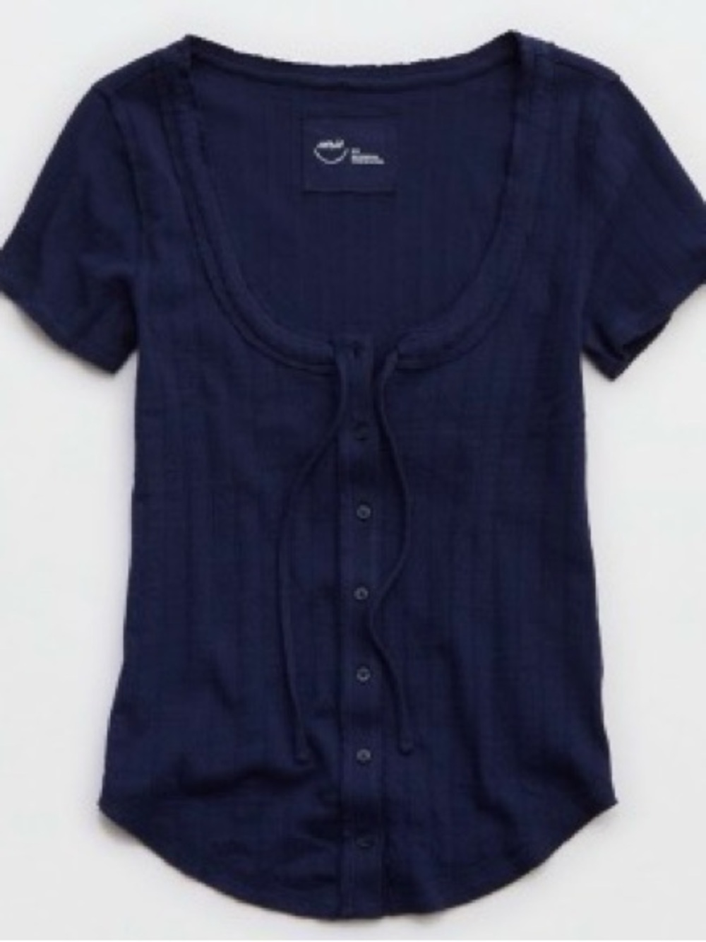 Aerie Navy Short Sleeve Ribbed Button-Front Top